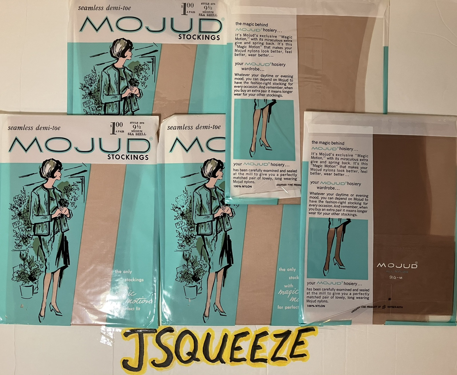 5 Pair VTG FLAT KNIT MOJUD MAGIC MOTION NYLON STOCKINGS GARTER HOSIERY 9 1/2×32”