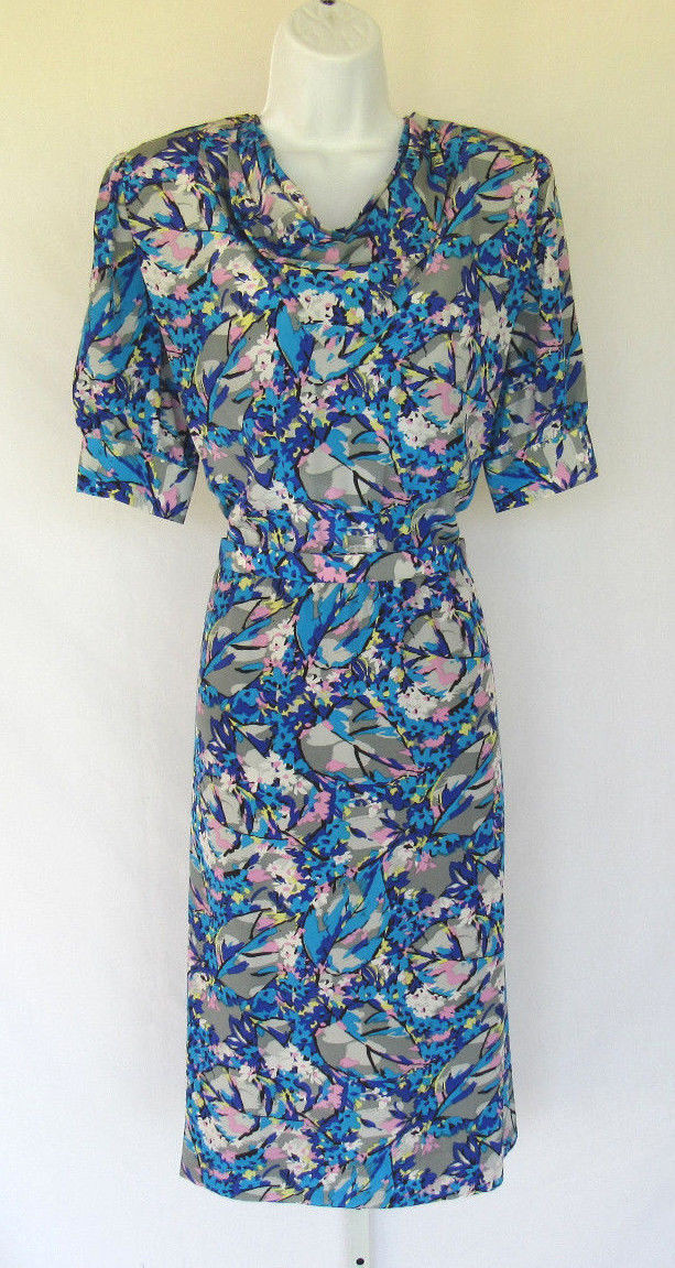 VINTAGE 1980s SAKOWITZ DRESS SILK POLY SILK? MOD ABSTRACT FLORAL PRINT BELT