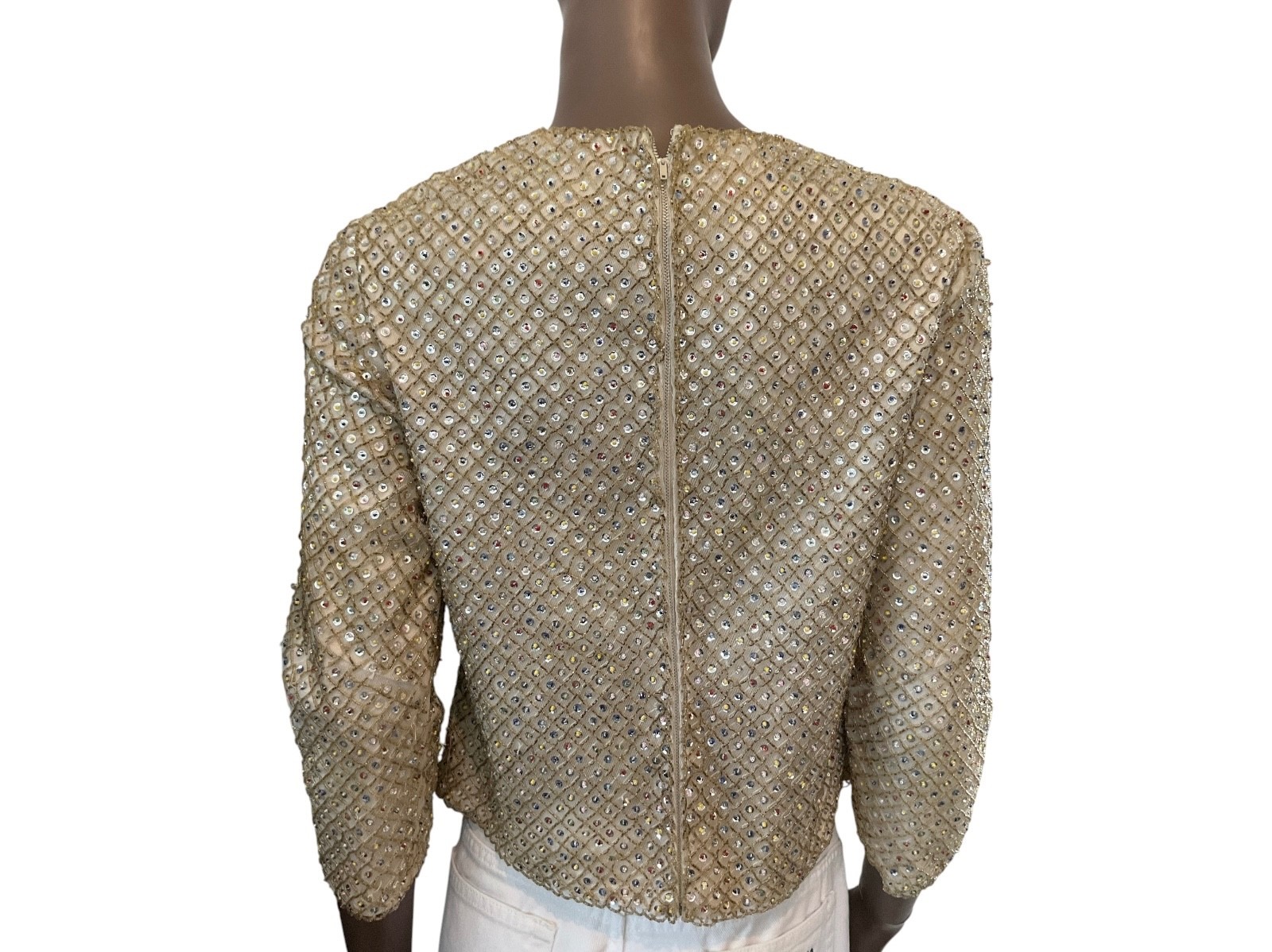 Vintage 1960s Hand Beaded Sequin Womens Top Blouse S Gold 3/4 Sleeve Mod
