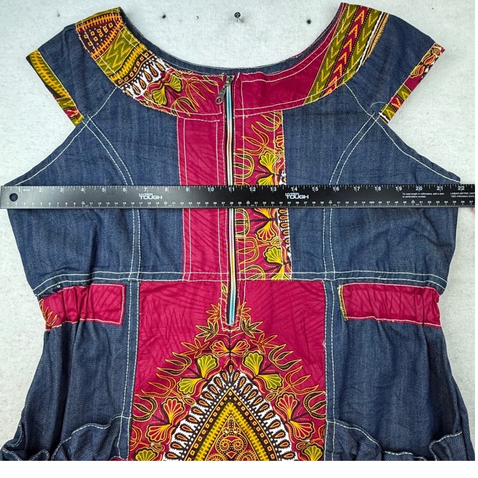 Denim Patchwork Dress Tribal Print Zip Front Pockets homemade boho artisan RARE