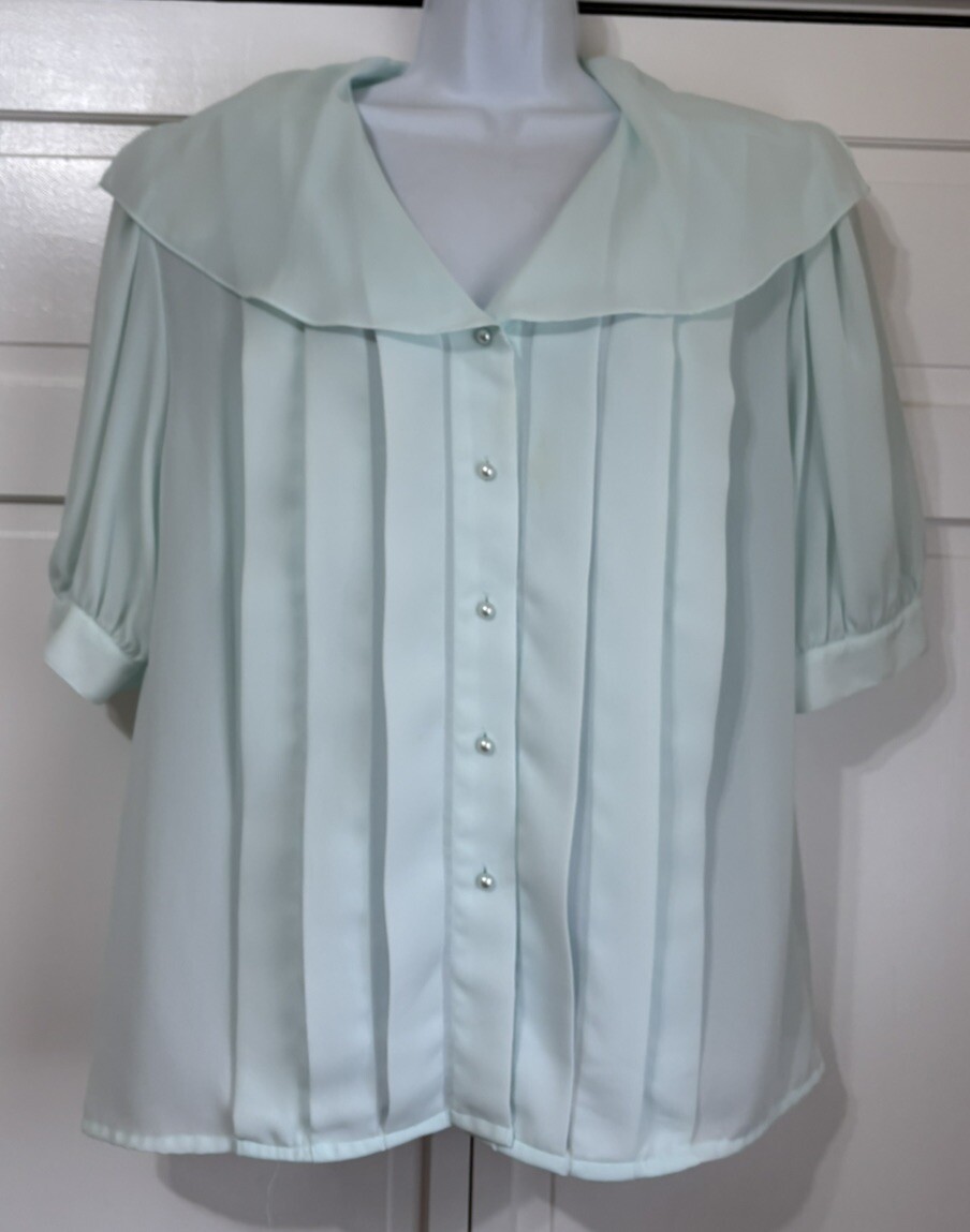 Vintage Josephine Pleated Blouse Green Short Sleeve Button Down Shoulder Pads 18