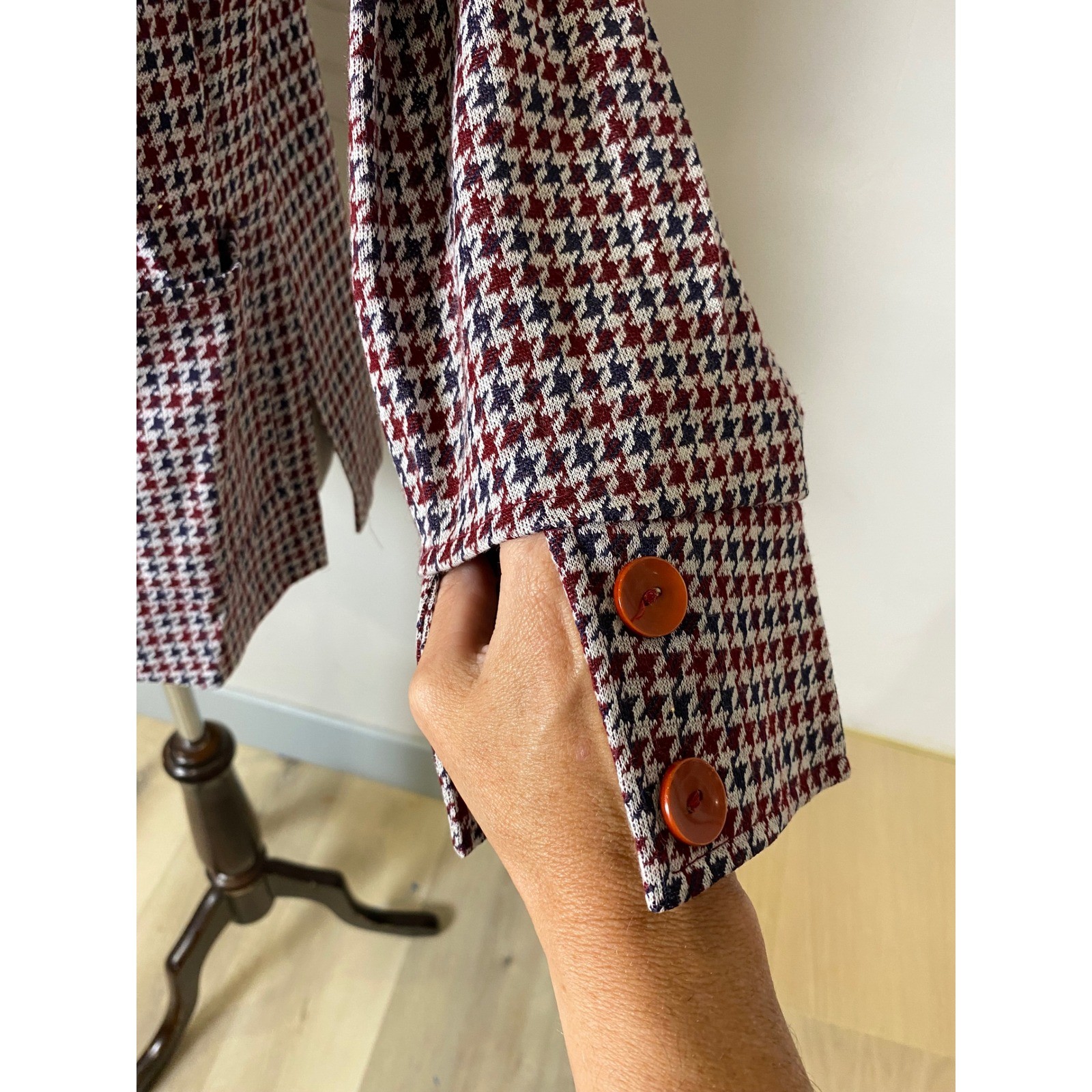 Vintage Tiger 1970s Houndstooth Knit Jacket Red White Blue Button Up Blazer