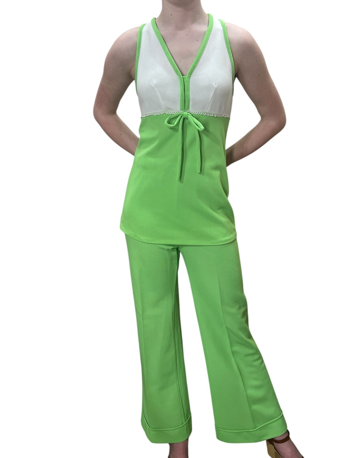 Vtg 60s S 2 Pc SET Empire Top Pants Hi Waist Bell Bottoms Flares Outfit Poly