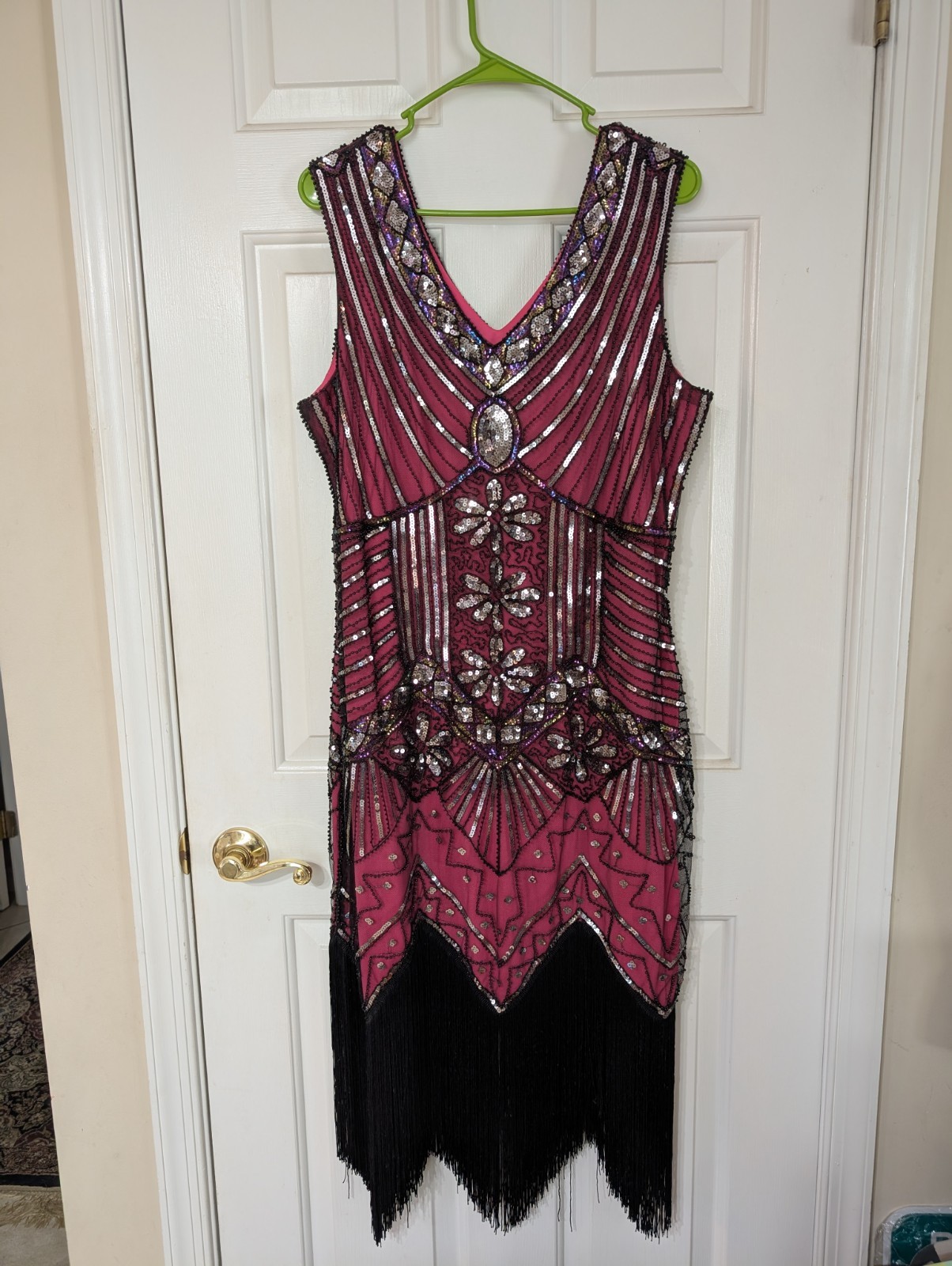 1920s Flapper Great Gatsby Dress, Costume V-Neck Sequin Beaded Sz XXL Black Pink