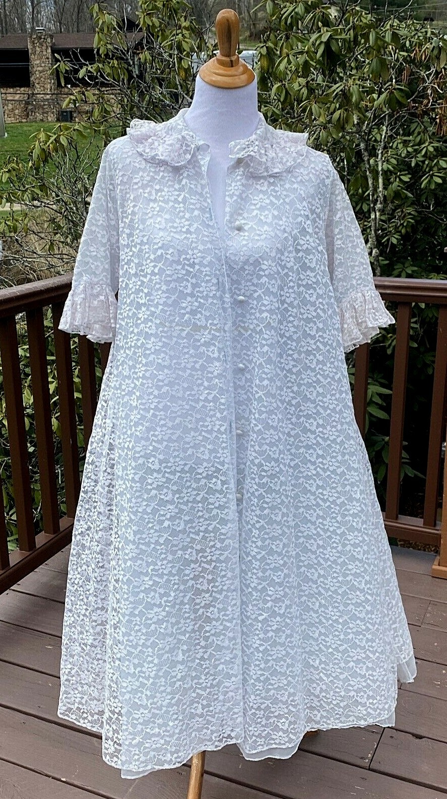 Vintage Blue Chantilly lace Nylon Duster Woman Housecoat Robe sleepwear Lingerie