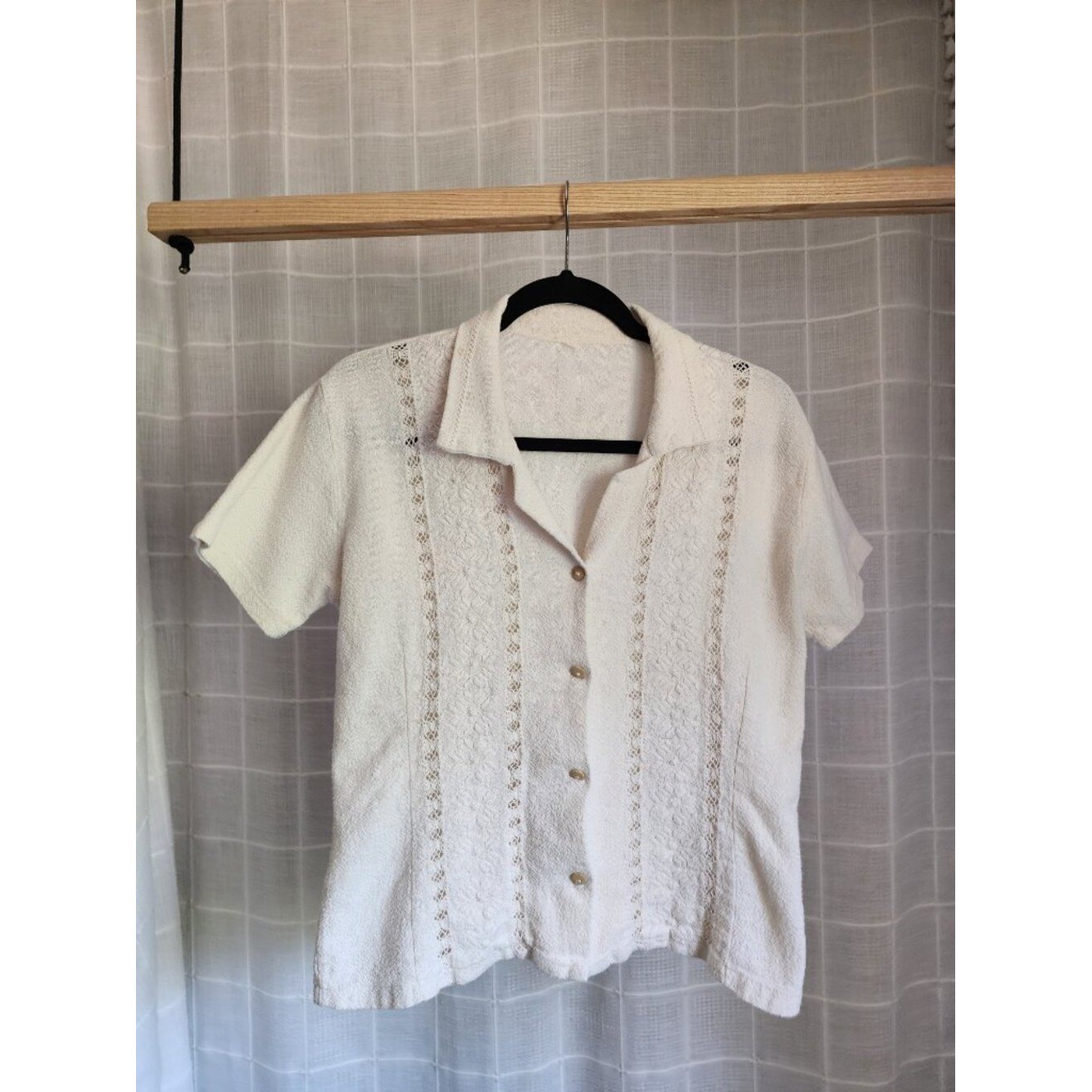 Vintage White Textured Button Front Blouse, Lace Detail, Cottagecore, Size M