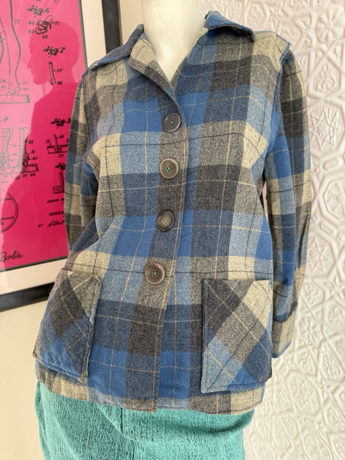 True Vintage 1950s/1940s era pendleton style 49er jacket blue grey plaid S/M