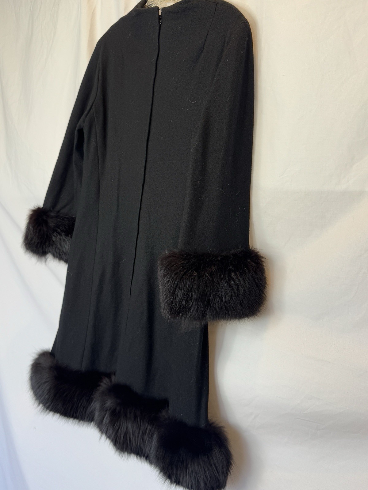Sandi Monica Vintage Black Wool Coat Dress with Fur Trim