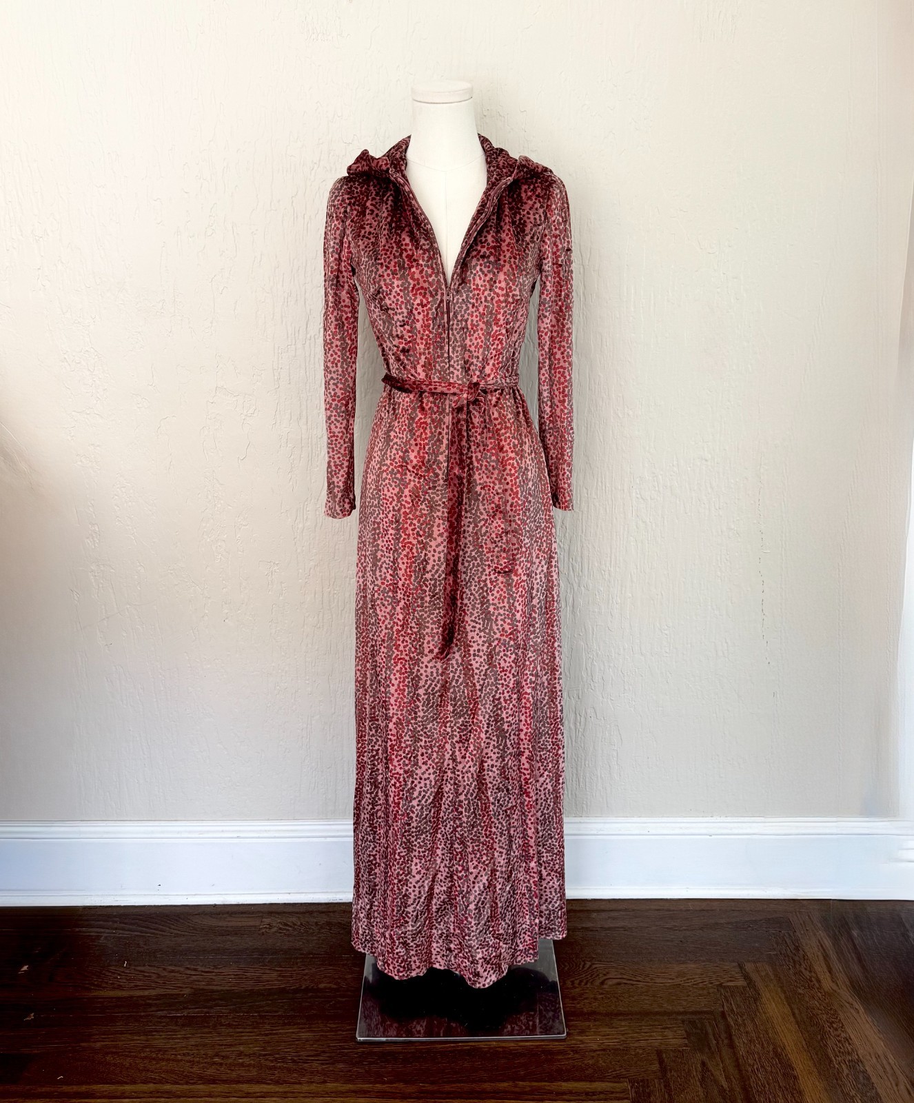 Vintage 1970s Velour Hooded Maxi Dress Witchy Disco Goddess by Carlye