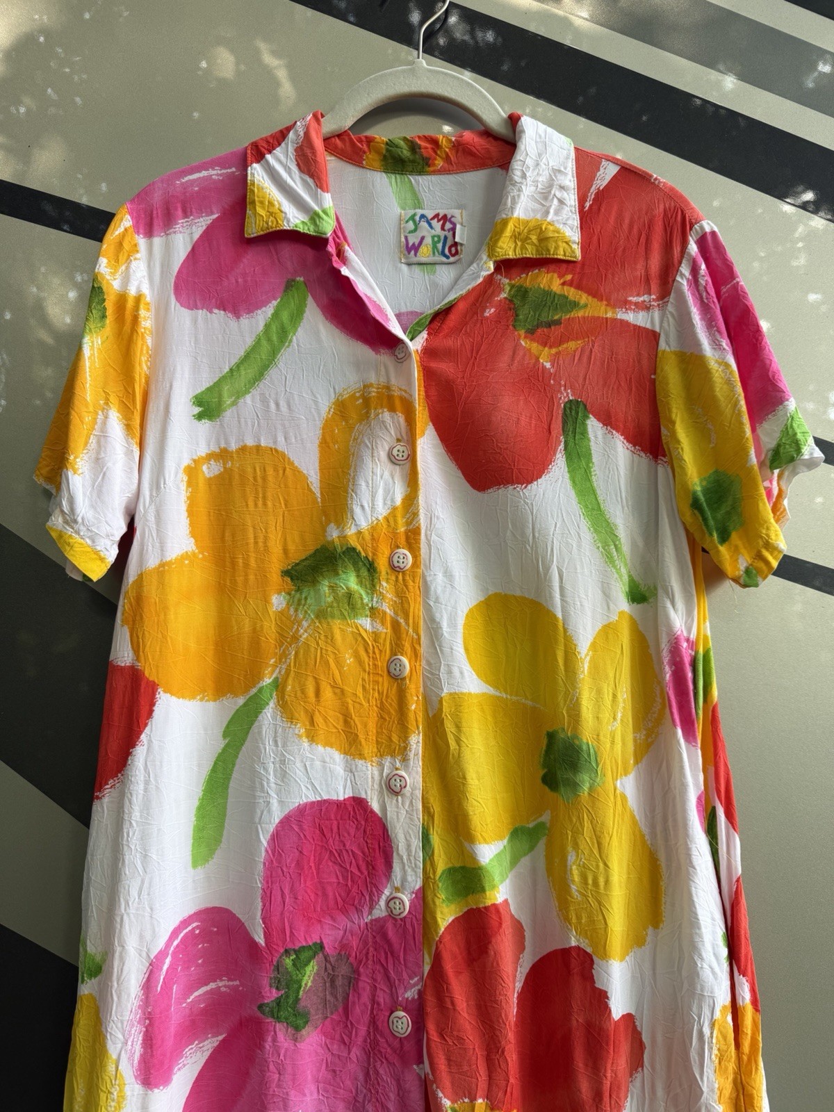 Vintage 90s JAMS WORLD pop art floral Hawaiian white colorful SUMMER dress S
