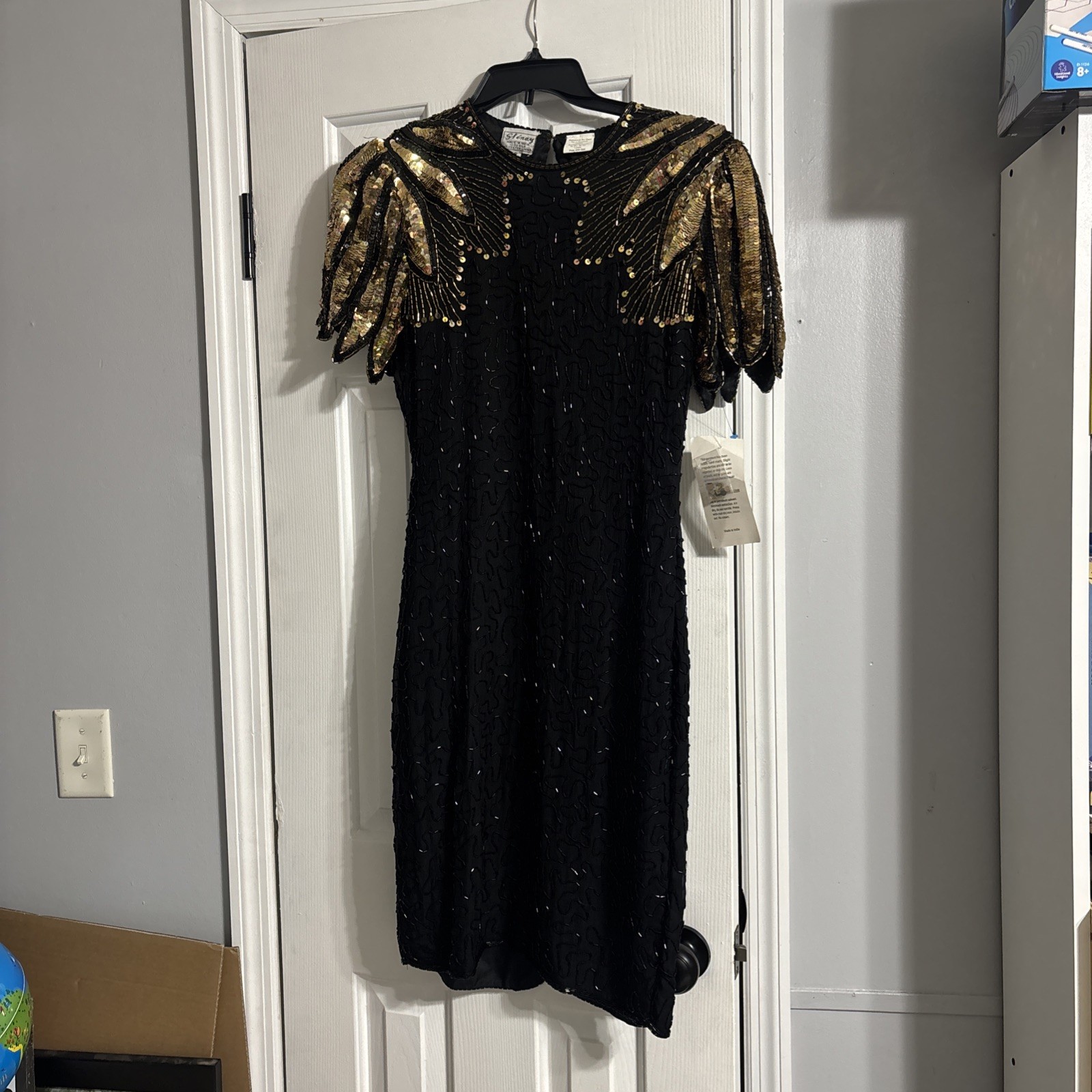 ✨ Vintage 1980s Stenay Black and Gold Silk Beaded Dress – Made in India ✨