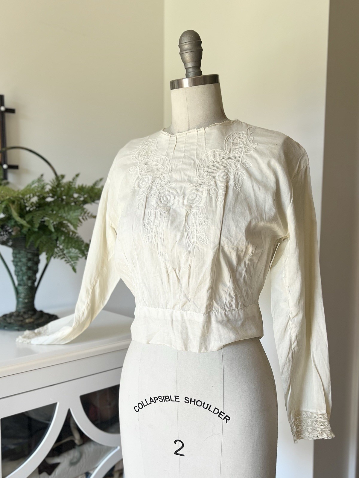 Antique Cotton Blouse Top Off White Hand Embroidered Lace Edwardian Button Back