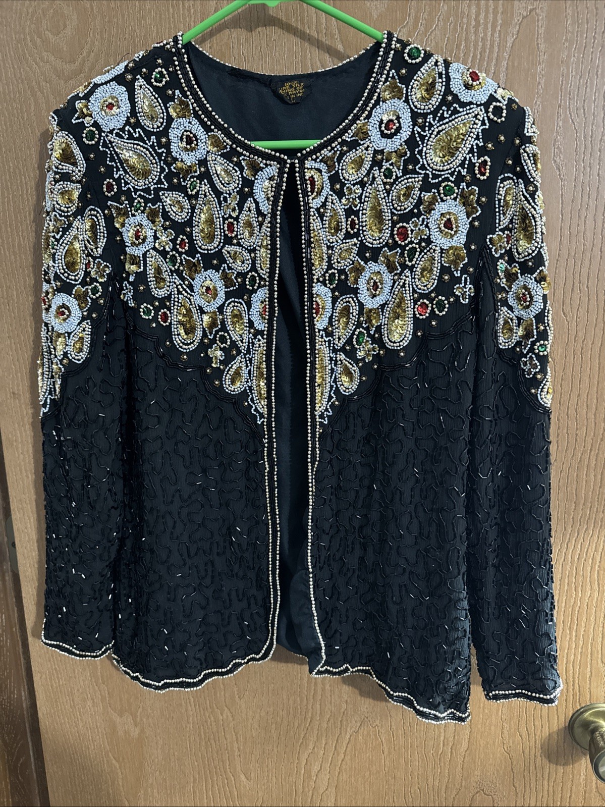 Vintage Fully Beaded/Sequined 100% Silk Jacket /Rayon lining, made in India, Lg
