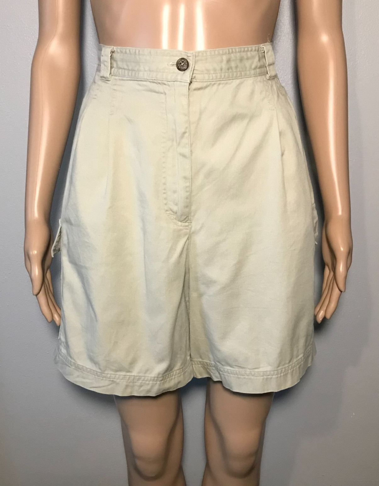 VINTAGE RAFAELLA Tan 100% Cotton Pleated High Waist Zip-Fly Cargo Bermuda Shorts