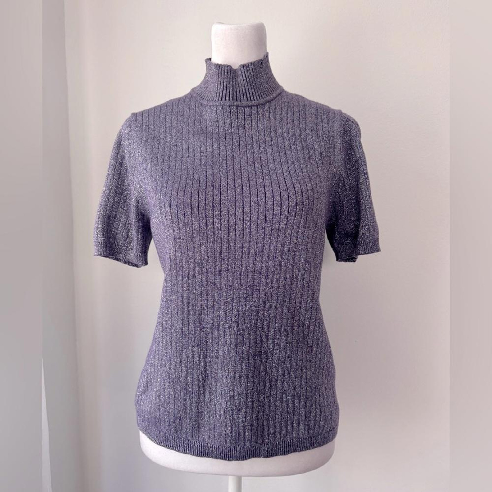 Vintage &rsquo;00s Koret Purple Metallic Ribbed Short Sleeve Turtleneck Sweater
