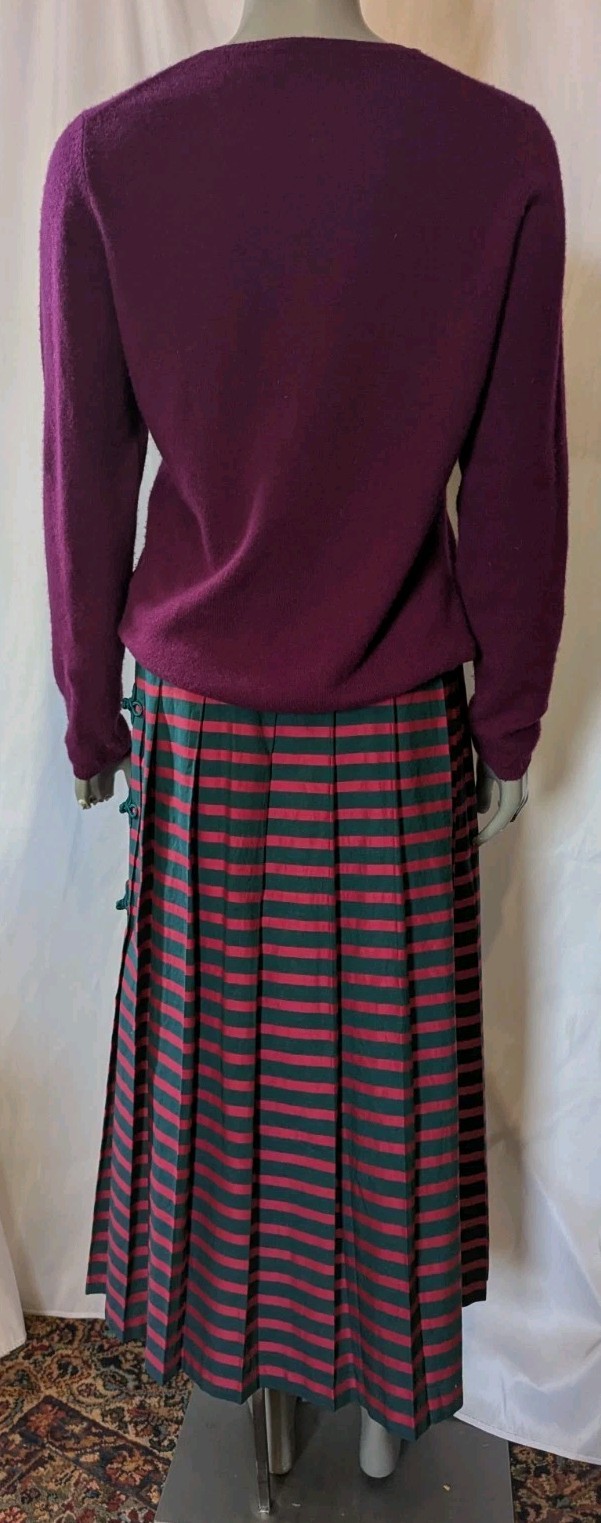 Vintage Cullinane Green Red Stripe Pleated Long Skirt w/Flower Closures 8/S
