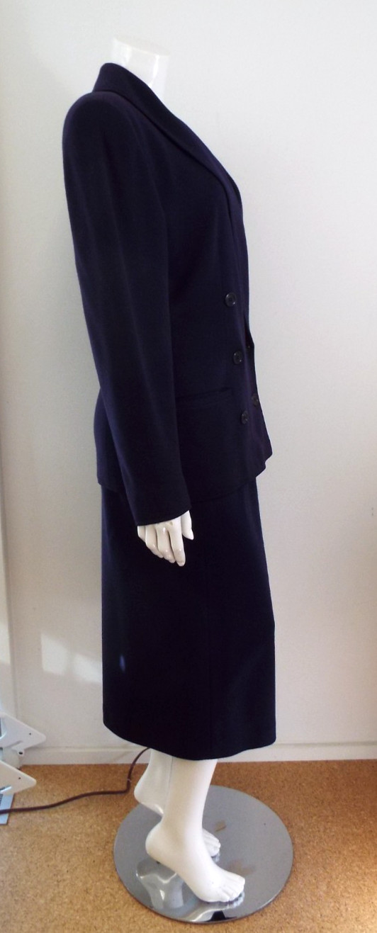 Vintage Giorgio Armani Navy Blue Wool Skirt Suit Double Breasted Blazer 44 Italy