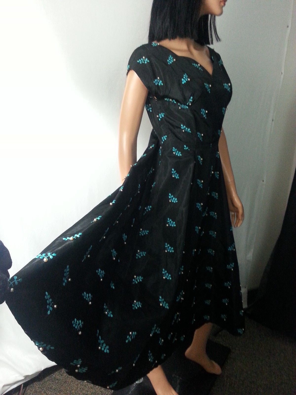 VTG 50s Custom Made Dress Black Blue Embroidery Faux Pearls Pin Up Swing S/M