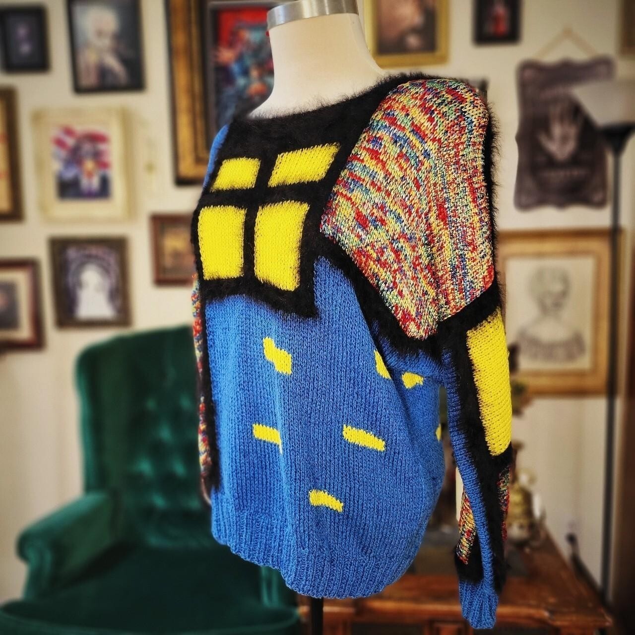 Colorblock Sweater Abstract Knit Vintage 90s Angora Fur Trim Blue Yellow M/L