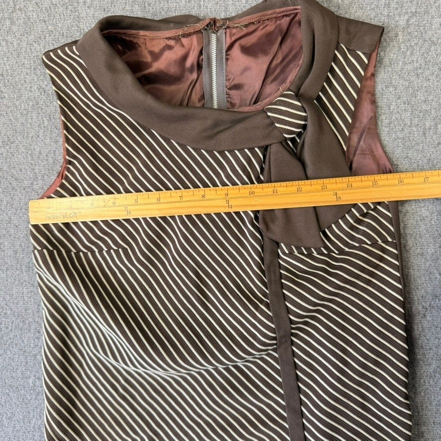 Vintage Brown Striped Sleeveless Shell Top Bow Collar Retro 60s Mod Style Size 8