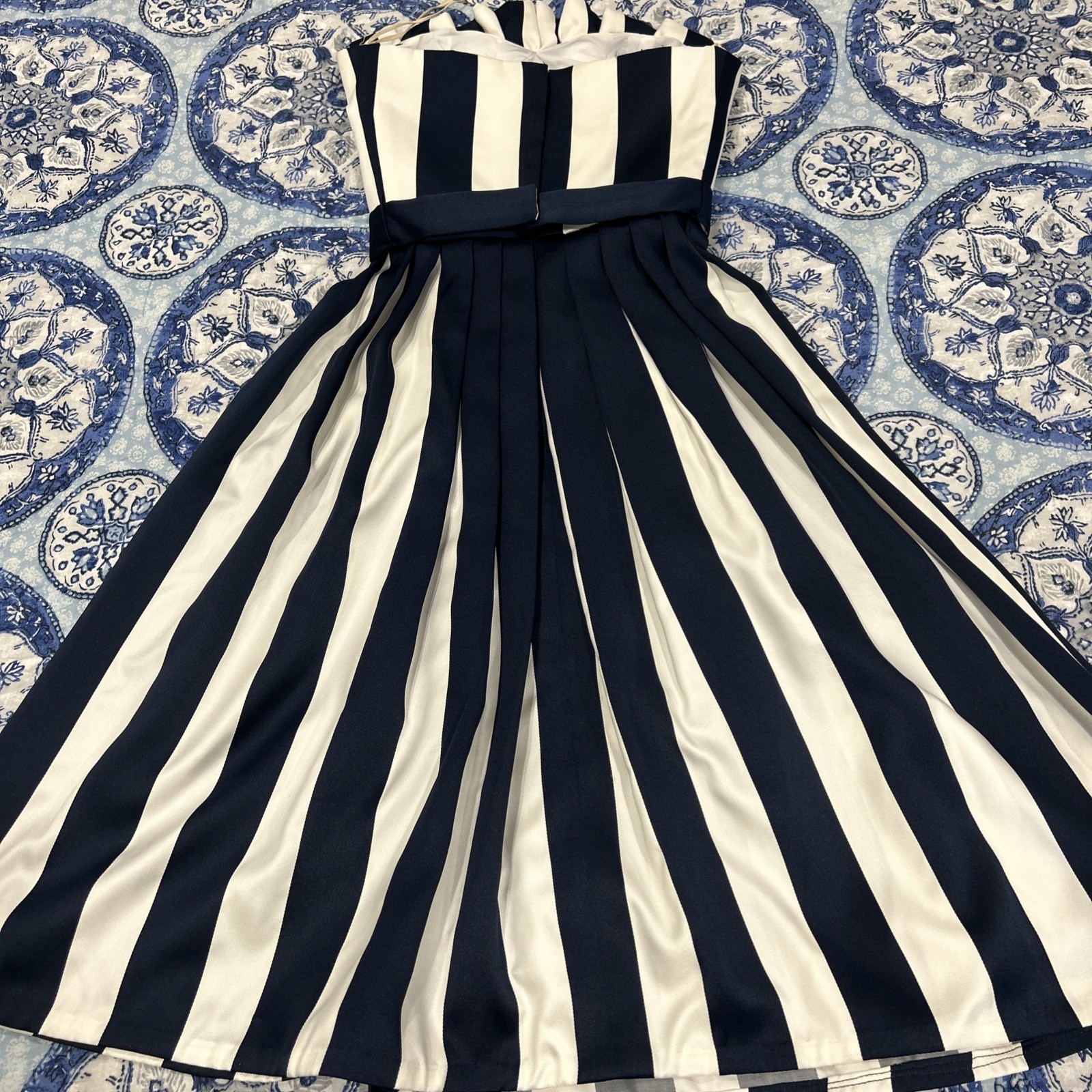 Vintage 80s Strapless Pleated Navy White Party Cocktail Evening Dress Size 4
