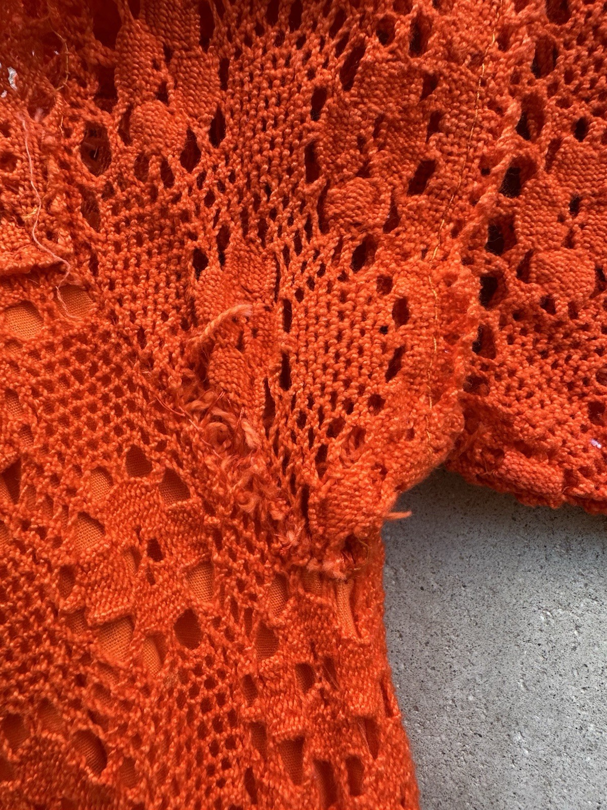 1970s Mexican Crochet Lace Maxi Dress Orange Cotton Boho Huipil XS S Vintage