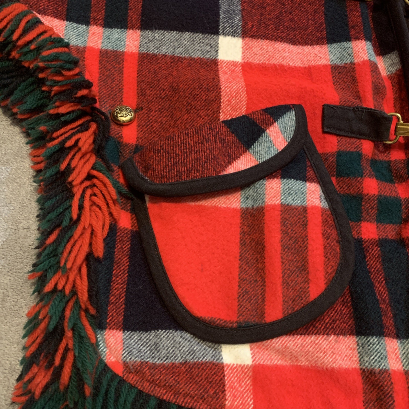 Vintage 70s Red Plaid Wool Blend Reversible Fringe Poncho Cape One Size