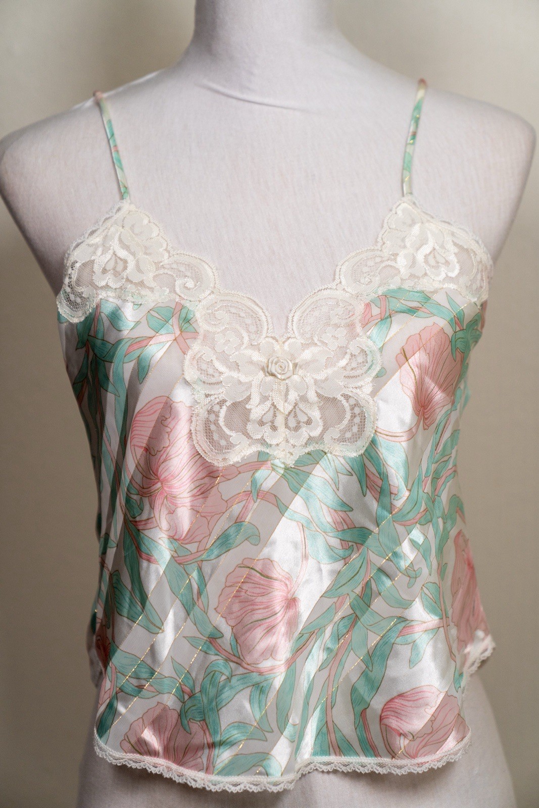 Lucie Ann II Floral Lace Trim Camisole Spaghetti Straps White Green Pink USA