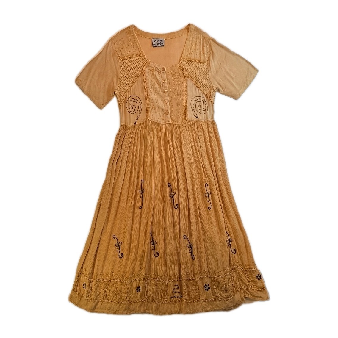 Vintage Tan M.P.H Maxi Dress With Embroidered Embellishments – Size