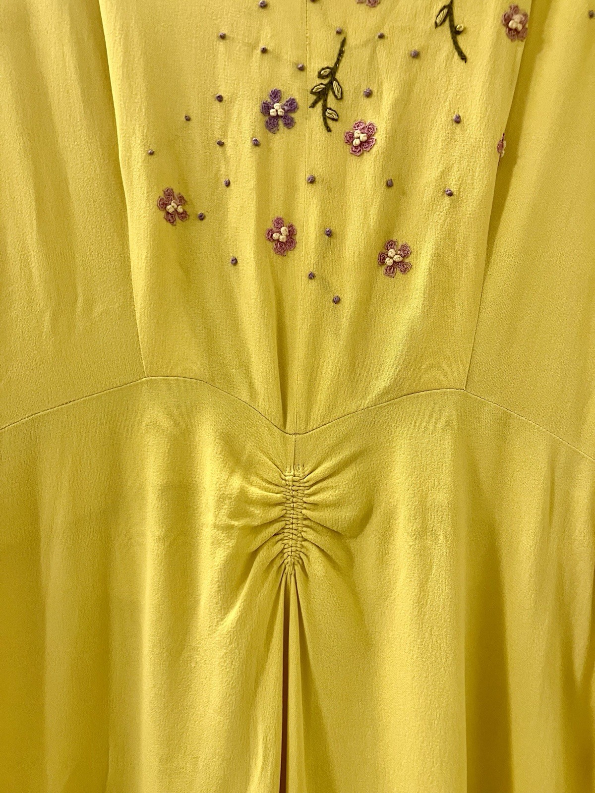 1940s Vintage Yellow Crepe Purple Flowers Embroidered Long Dress Gown Sz S AS IS