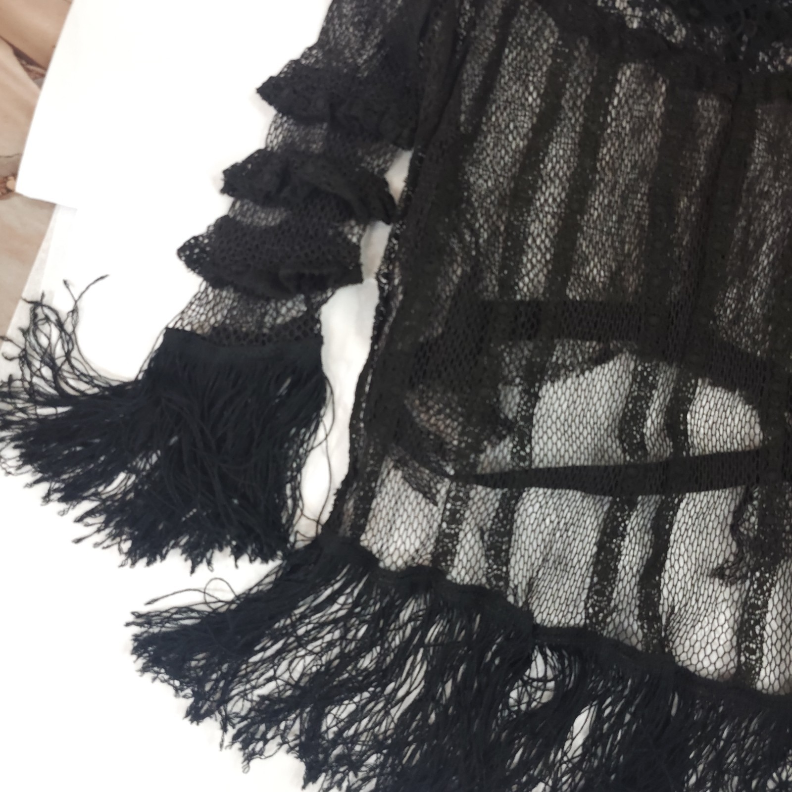 Black Crochet Lace Blouse Fringe Tassels Antique Victorian Edwardian Top Shirt