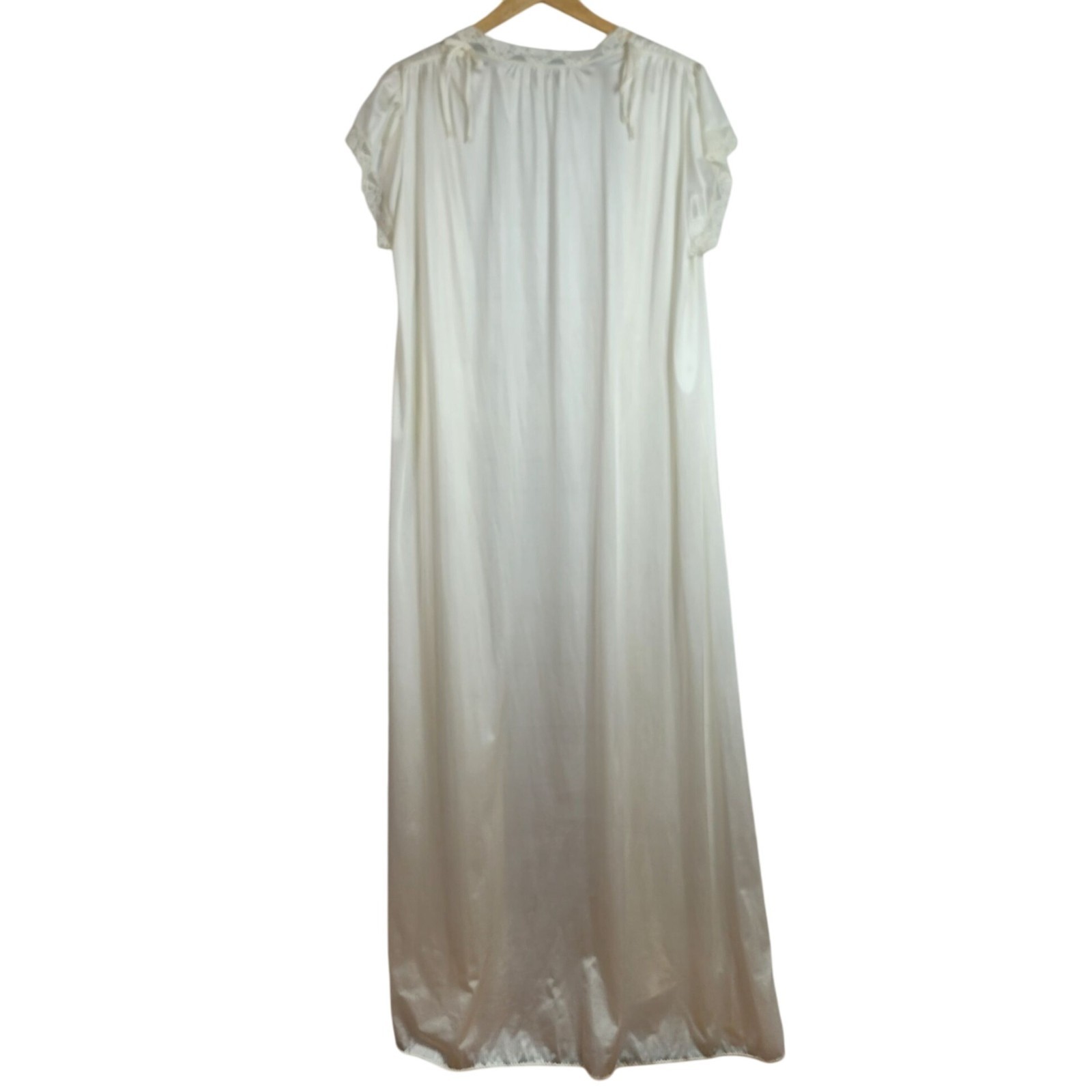 Miss Elaine Long Robe Peignoir Cream Large Lace Stripe ILGWU Nylon USA VTG READ
