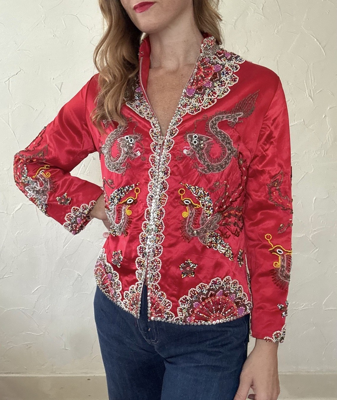 VTG 1960s Red Satin Beaded Jacket Zip up Asian Influenced Dragon Phoenix Design
