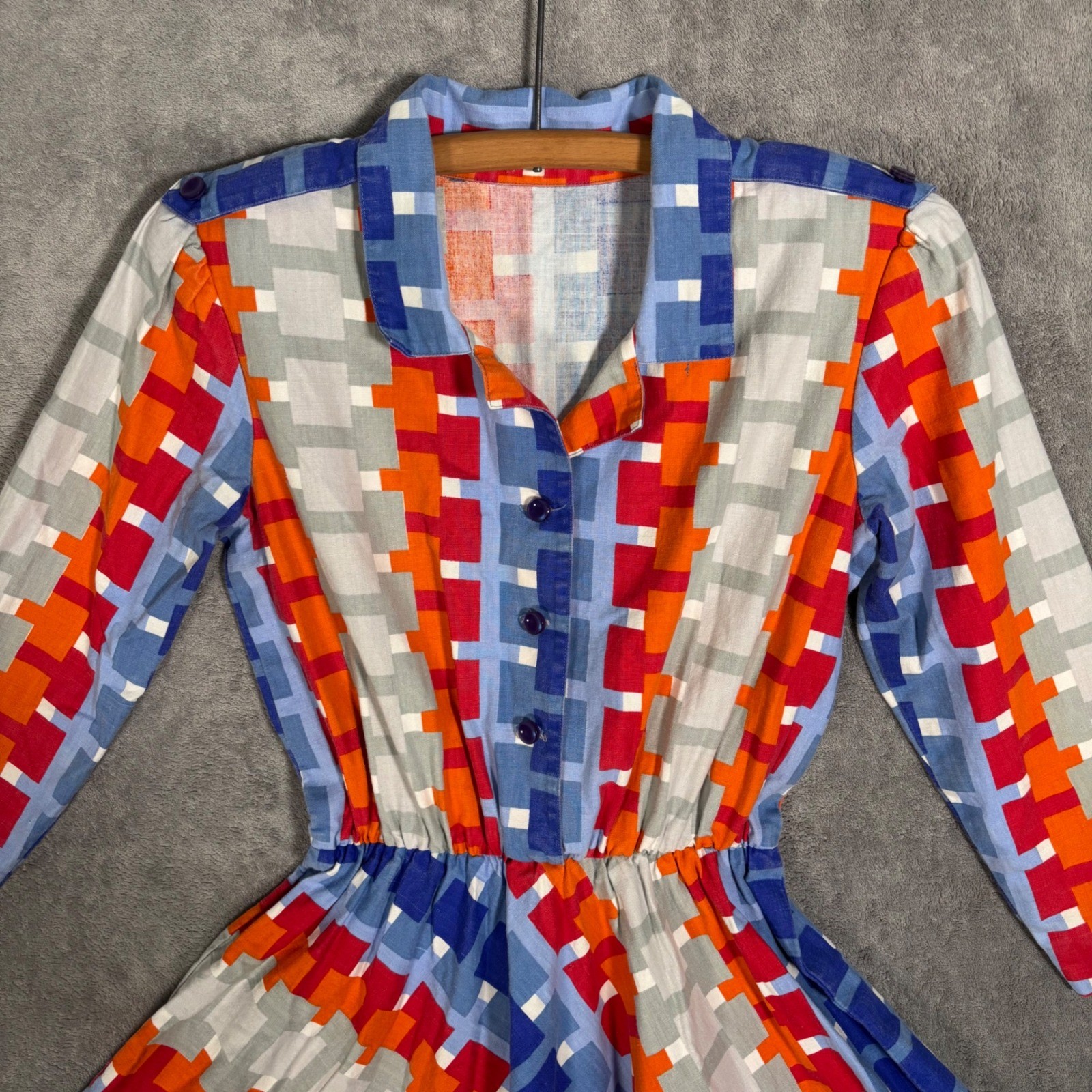 Vintage Geometric Pixel Print Fit & Flare Shirt Dress Multicolor 70s Style MCM