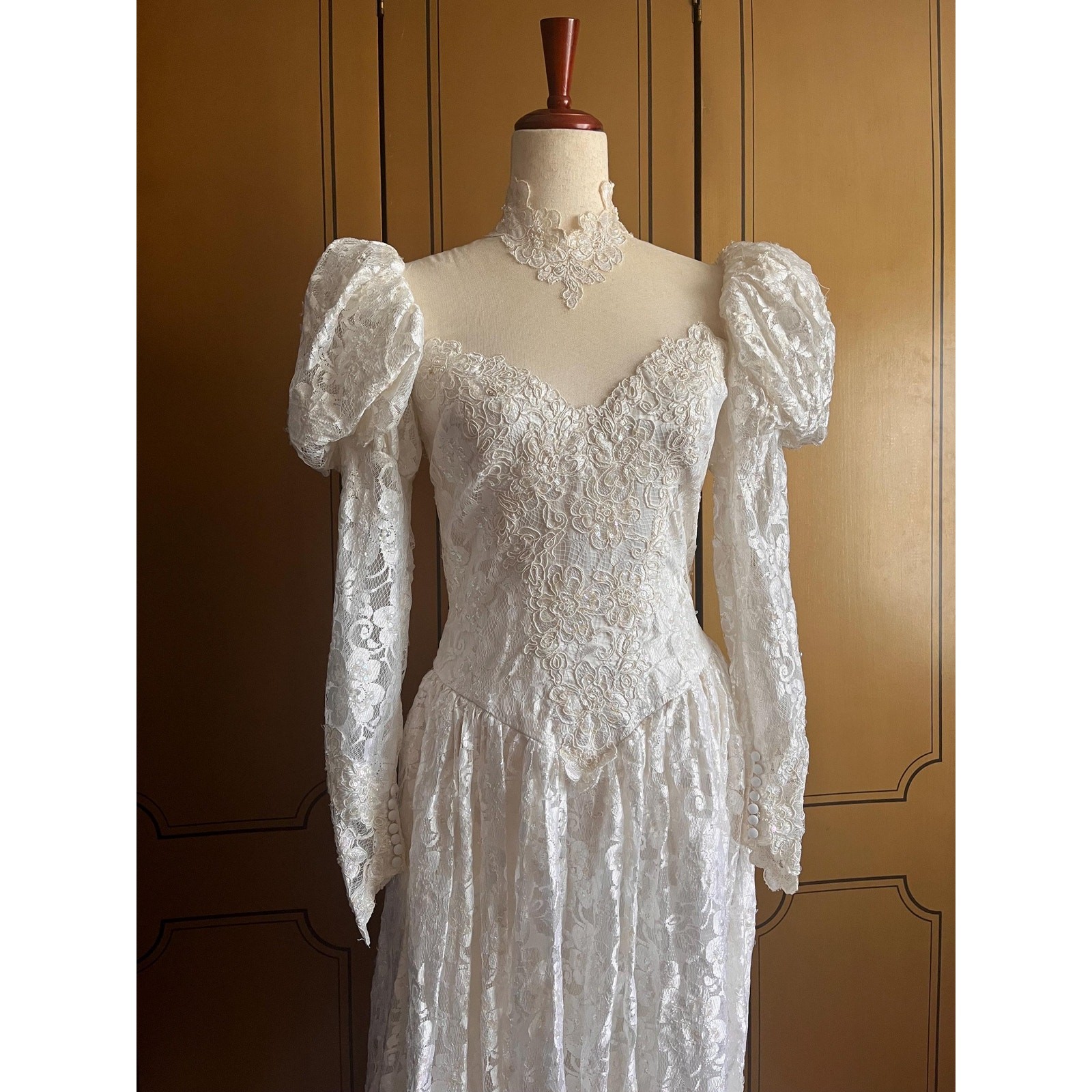 Vintage wedding gown with lace, beads, sequins and train