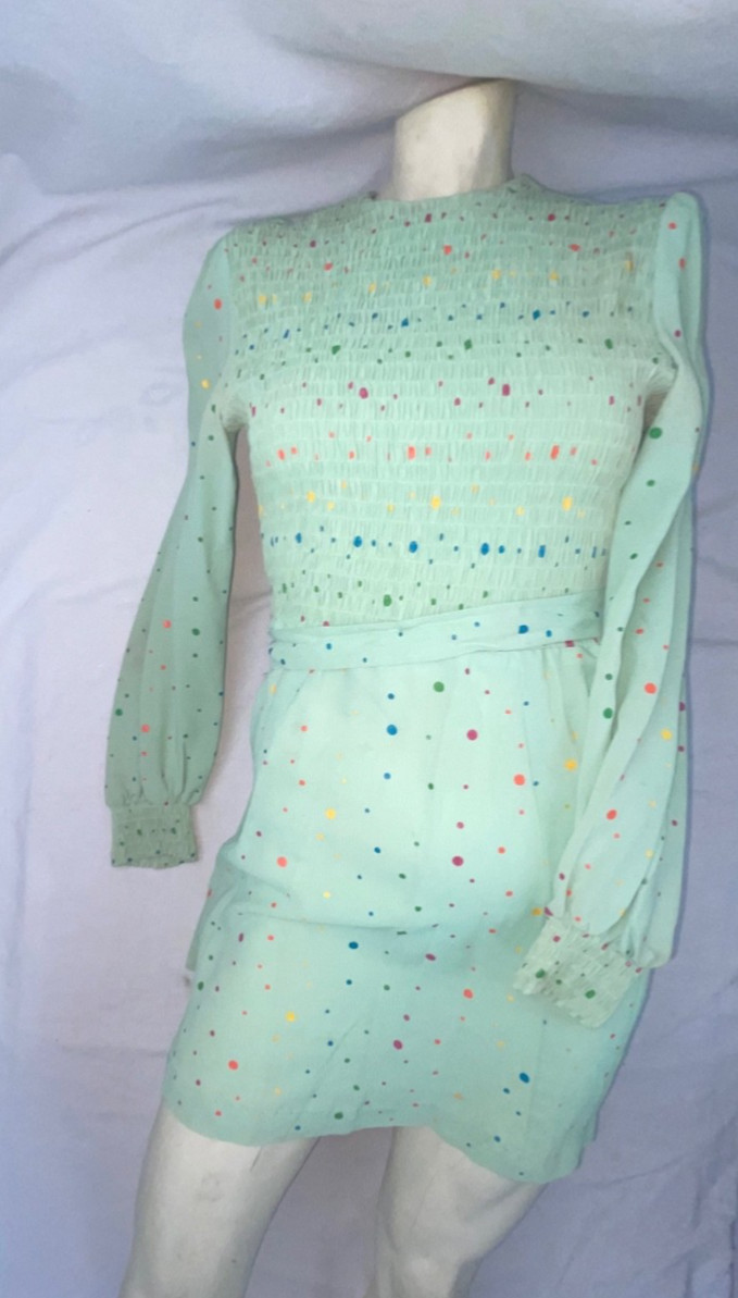VTG 60s 70s WOMENS S GREEN POLKA DOT DISCO RETRO CUTE FUN PARTY DRESS