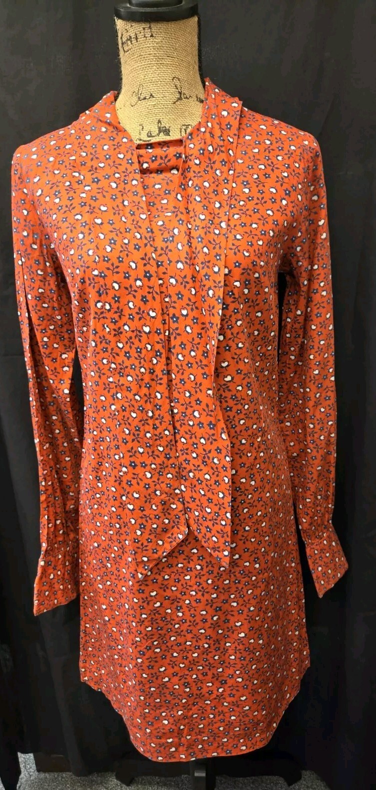 Vintage 70s Red Heart Floral Dress with Neck Tie and Collar Womens Size M Zip Up
