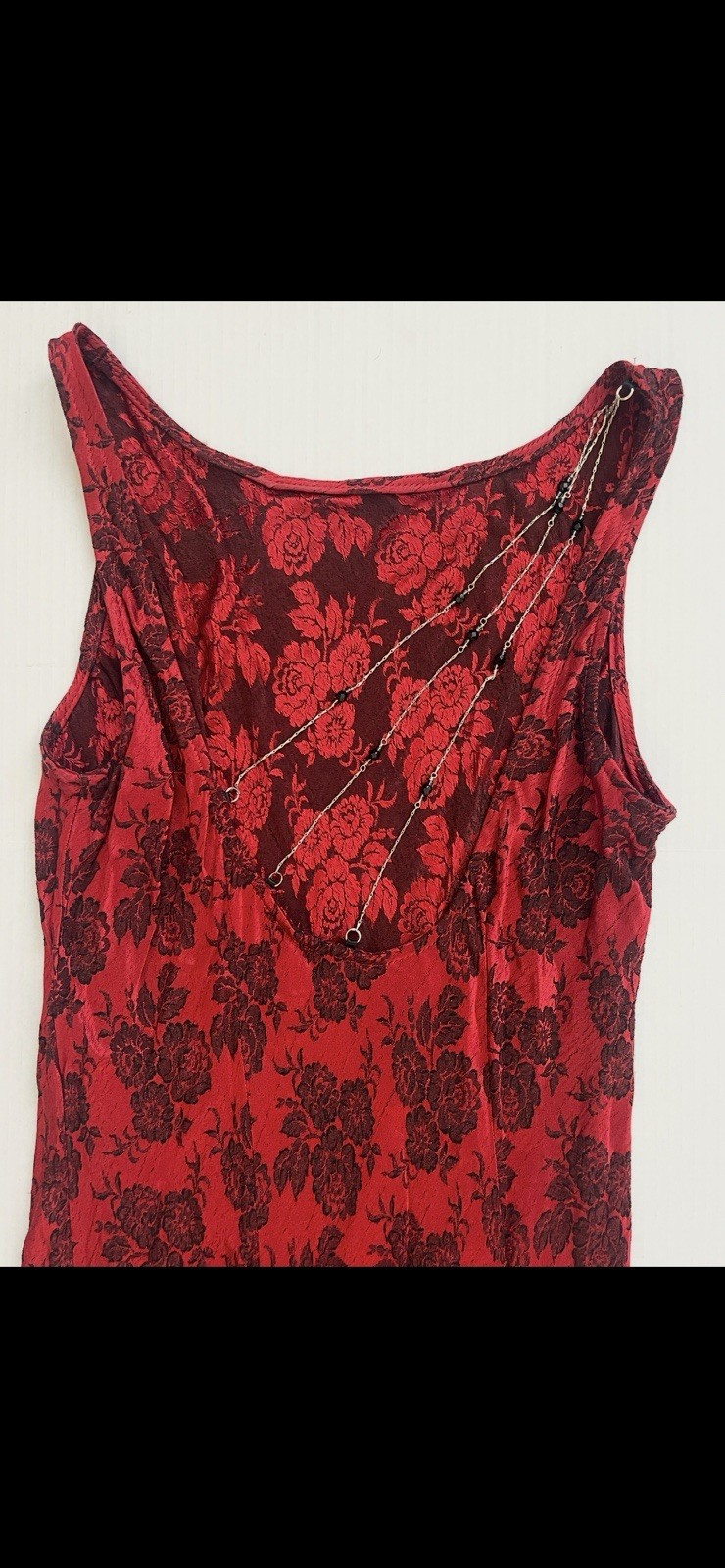 Vintage CDC Ruby Red Floral Jacquard Evening Column Gown Unique Chain Back
