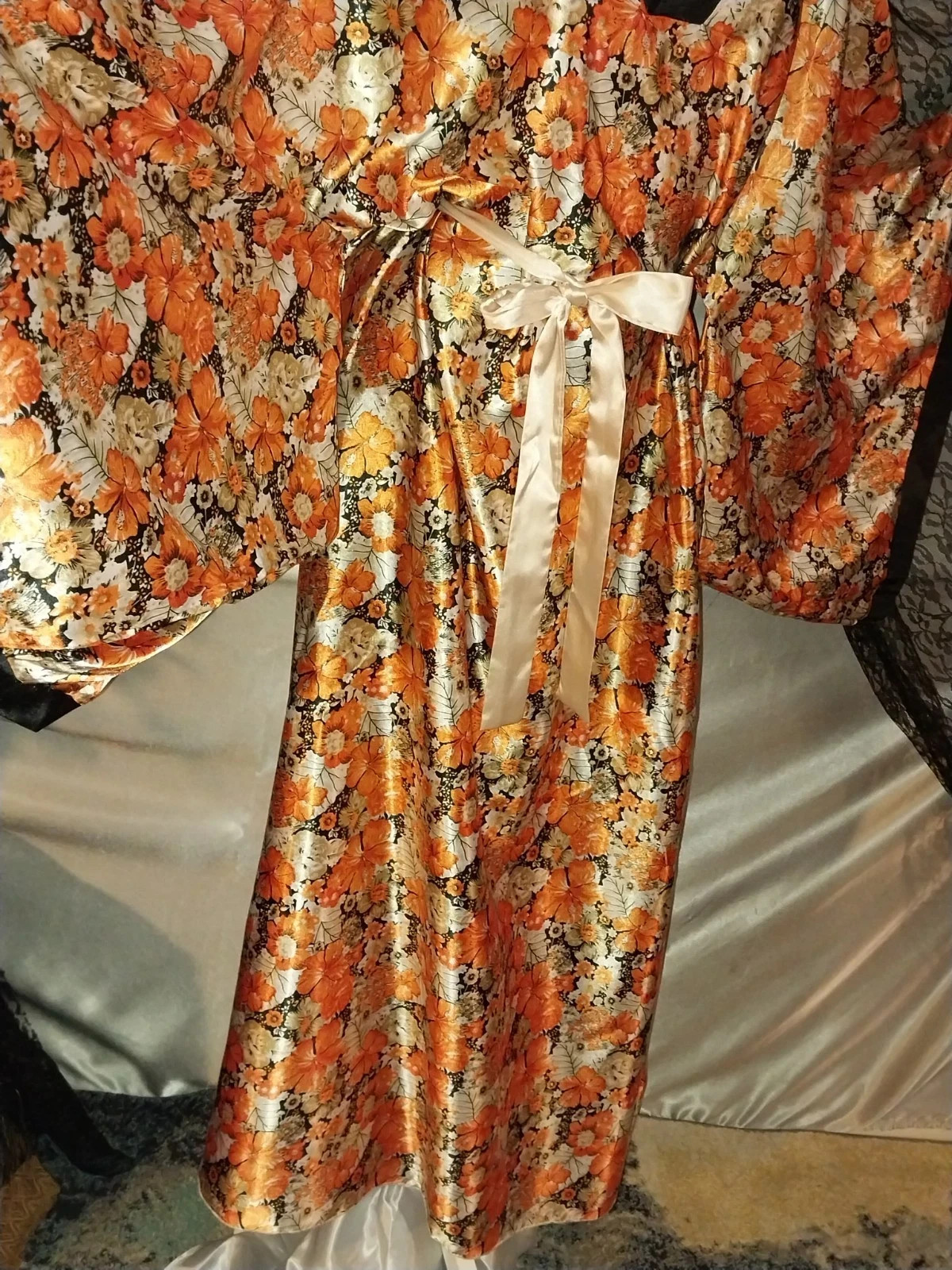 Vtg CAFTAN KIMONO SILVER ORANGE FLORAL LIQUID BALLON MAXI LONG DRESS GOWN 46 48