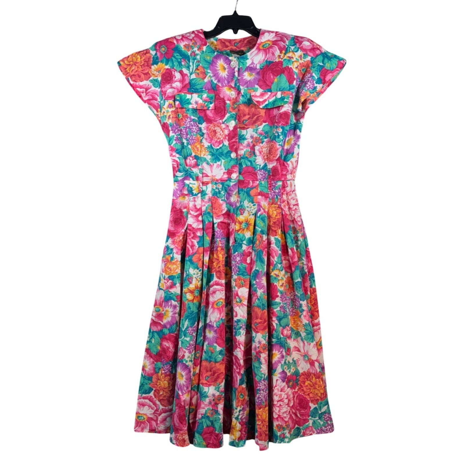 Stuart Alan Dress Pink Floral Button Front Pleated Vintage Womens 12