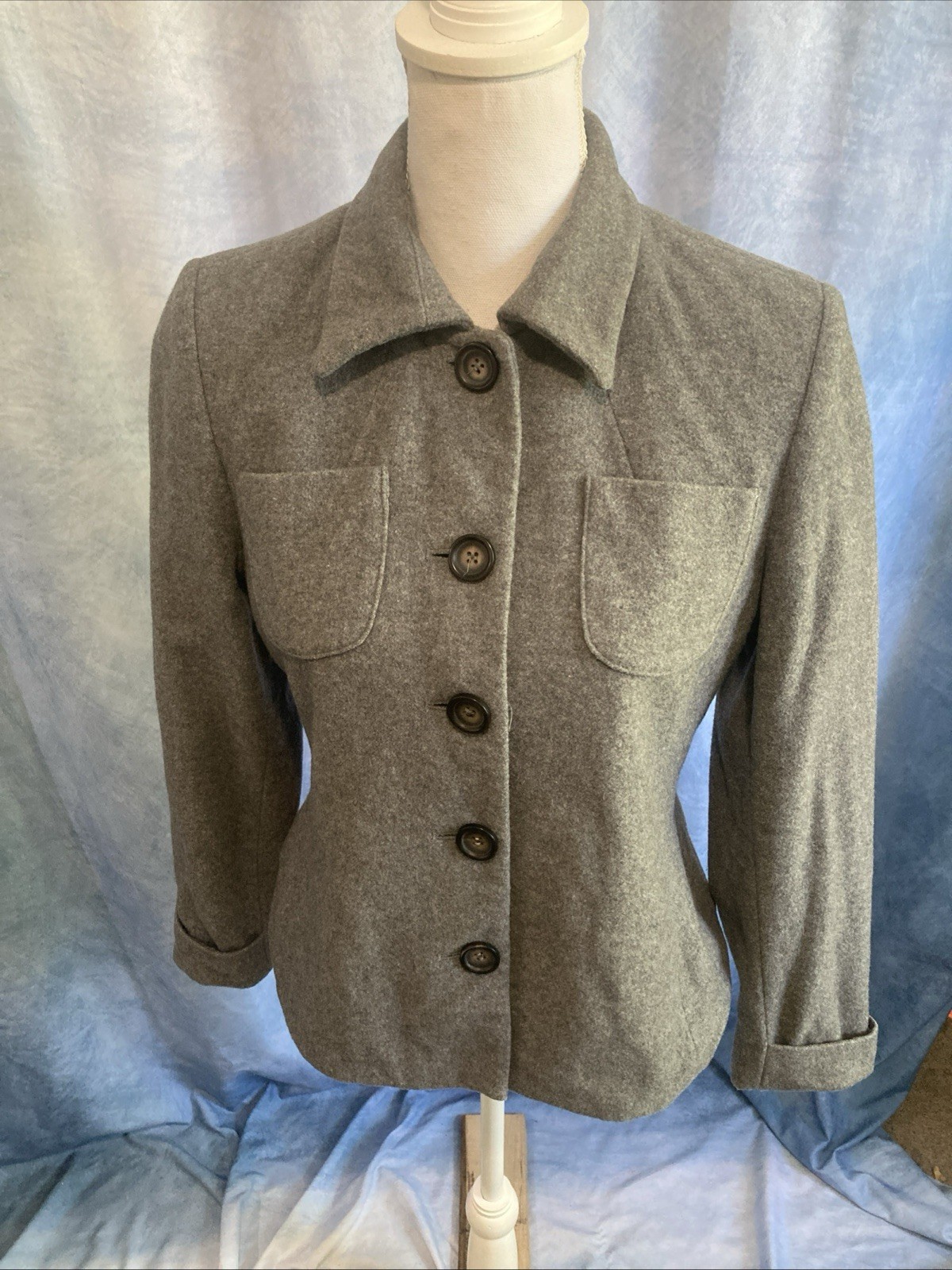 VTG 90s Harve Benard Cashmere Wool Blend Jacket 8P Grey Button Up Utility Coat