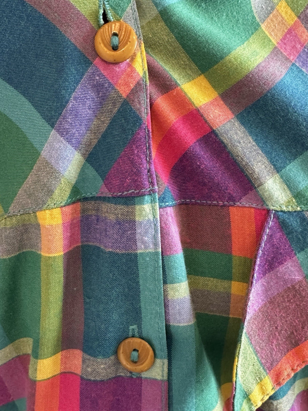 Vintage 80s Rainbow Plaid Button Down Camp Shirt Retro Dopamine Quirky Top