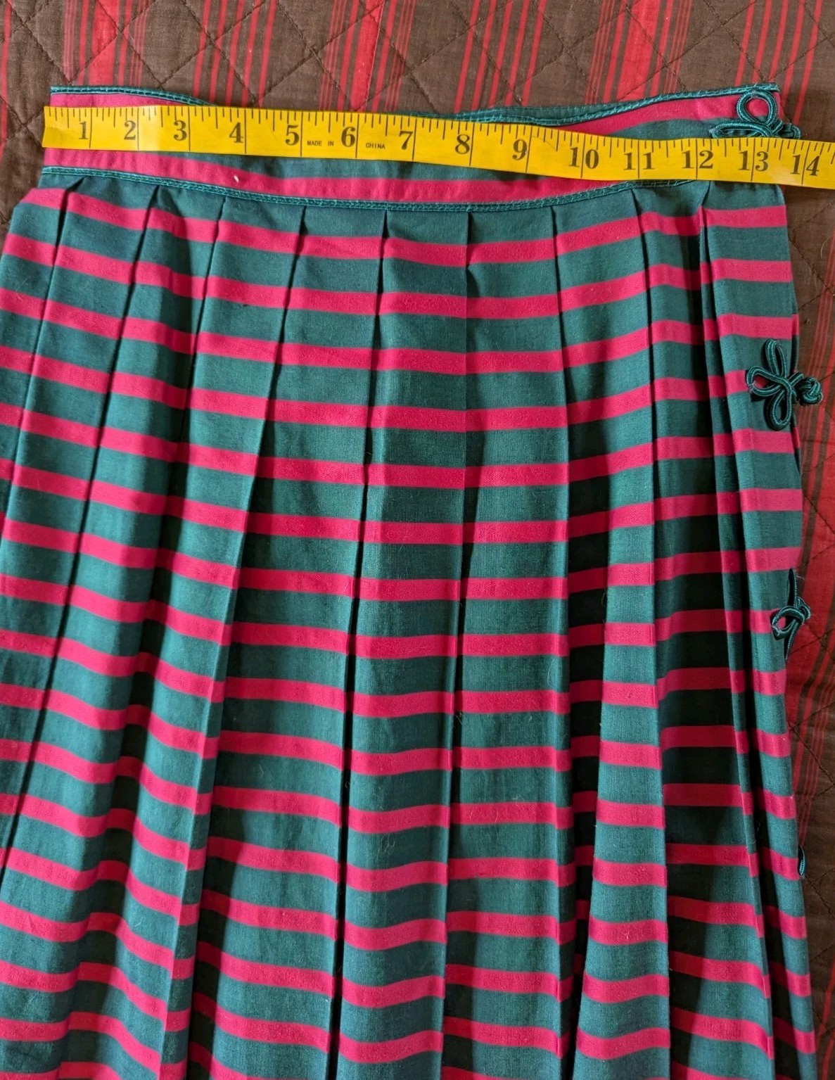 Vintage Cullinane Green Red Stripe Pleated Long Skirt w/Flower Closures 8/S