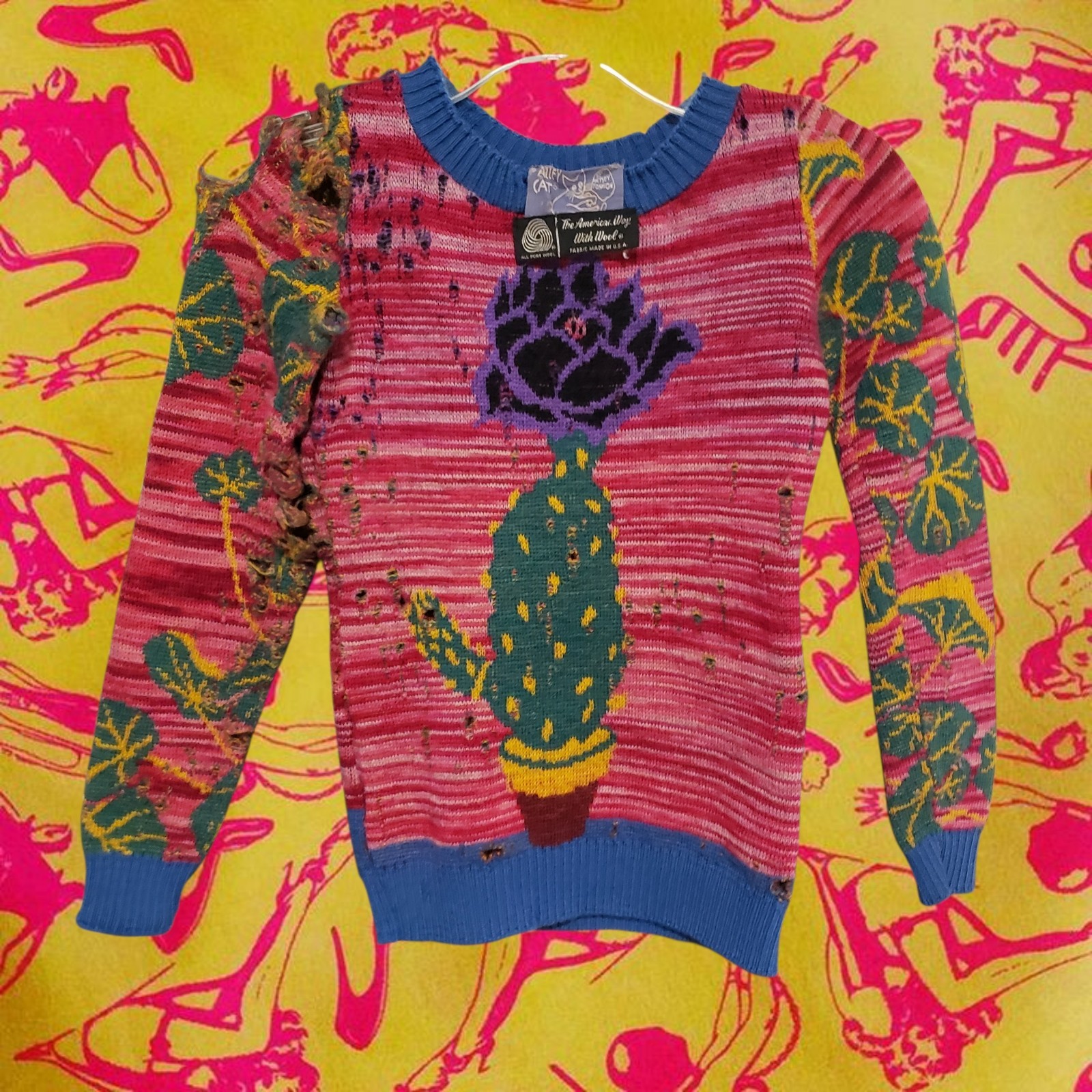 RARE VINTAGE 1970s BETSEY JOHNSON ALLEY CAT SPACEY FUNKY DISTRESSED WOOL SWEATER