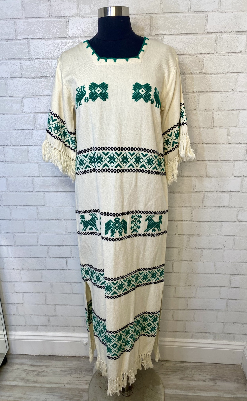 Vintage 70’s Folk Needlepoint Embroidered Fringe Kaftan Maxi Traditional Dress