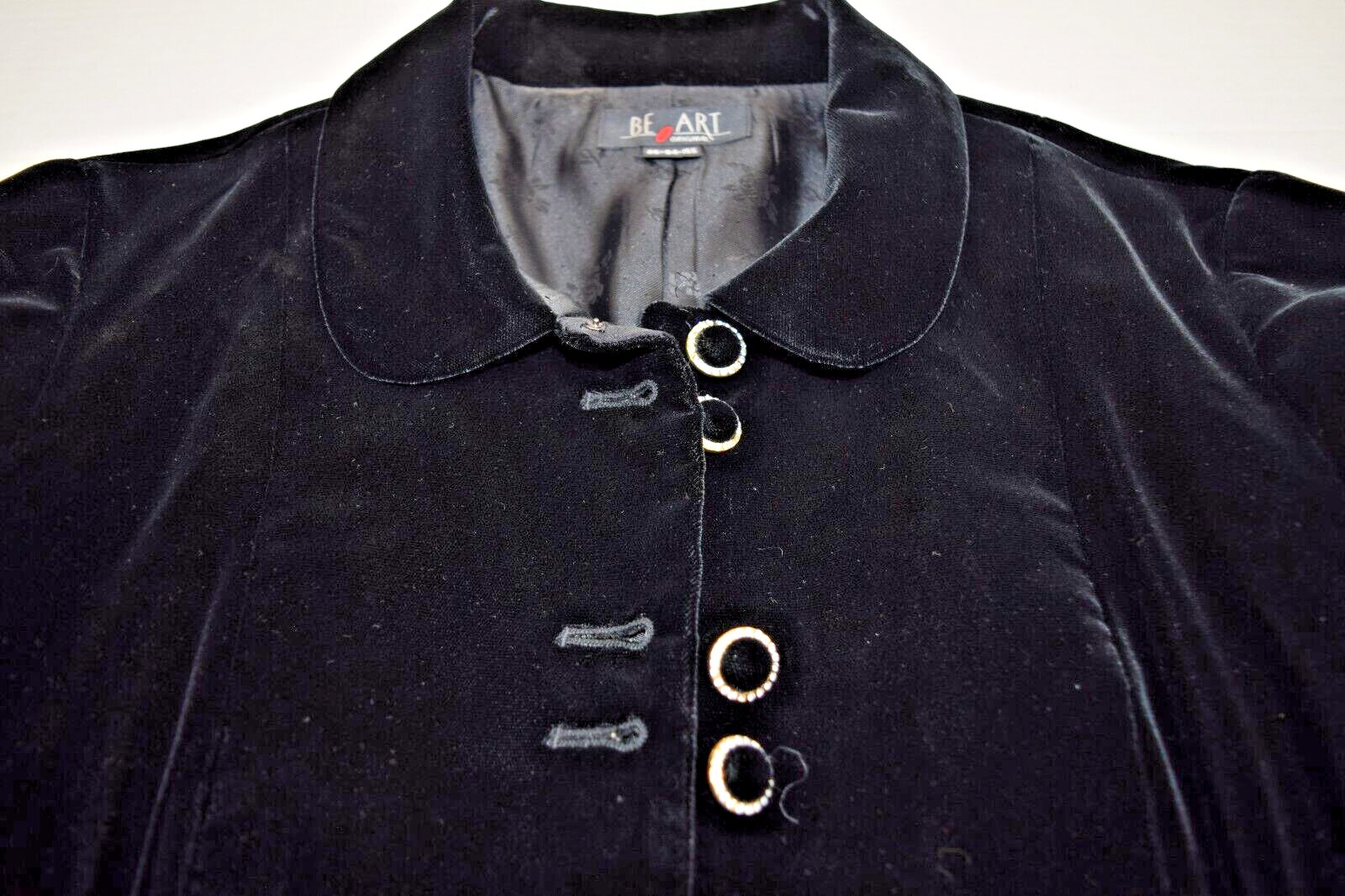 Vintage Velvet Jacket Be Art Size S/M 80s Shiny Black Ribbon Trim Jewel Buttons