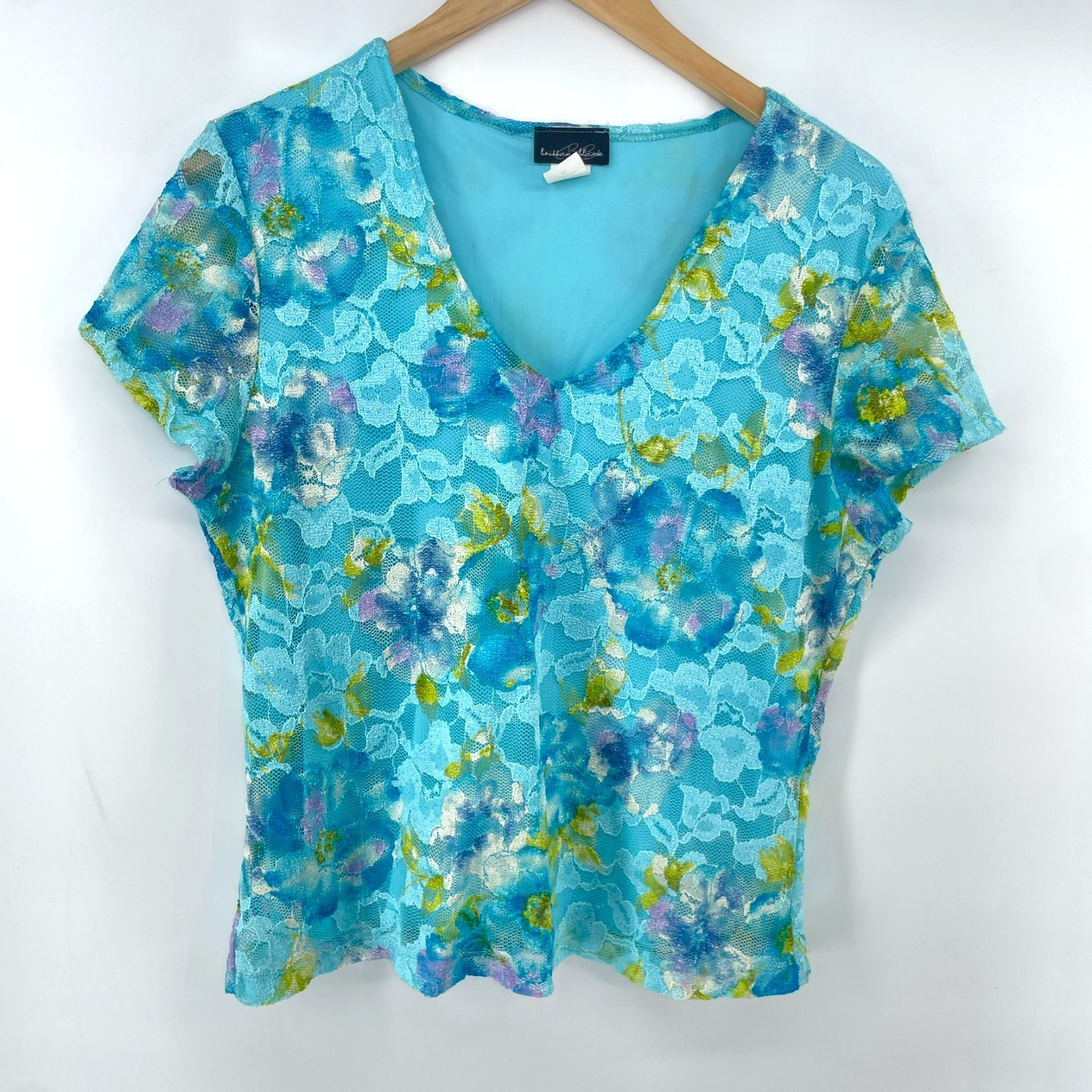 Vintage Y2K 90s Top *XL FITS L Blue Lace Overlay Floral Fairy Whimsical Cottage