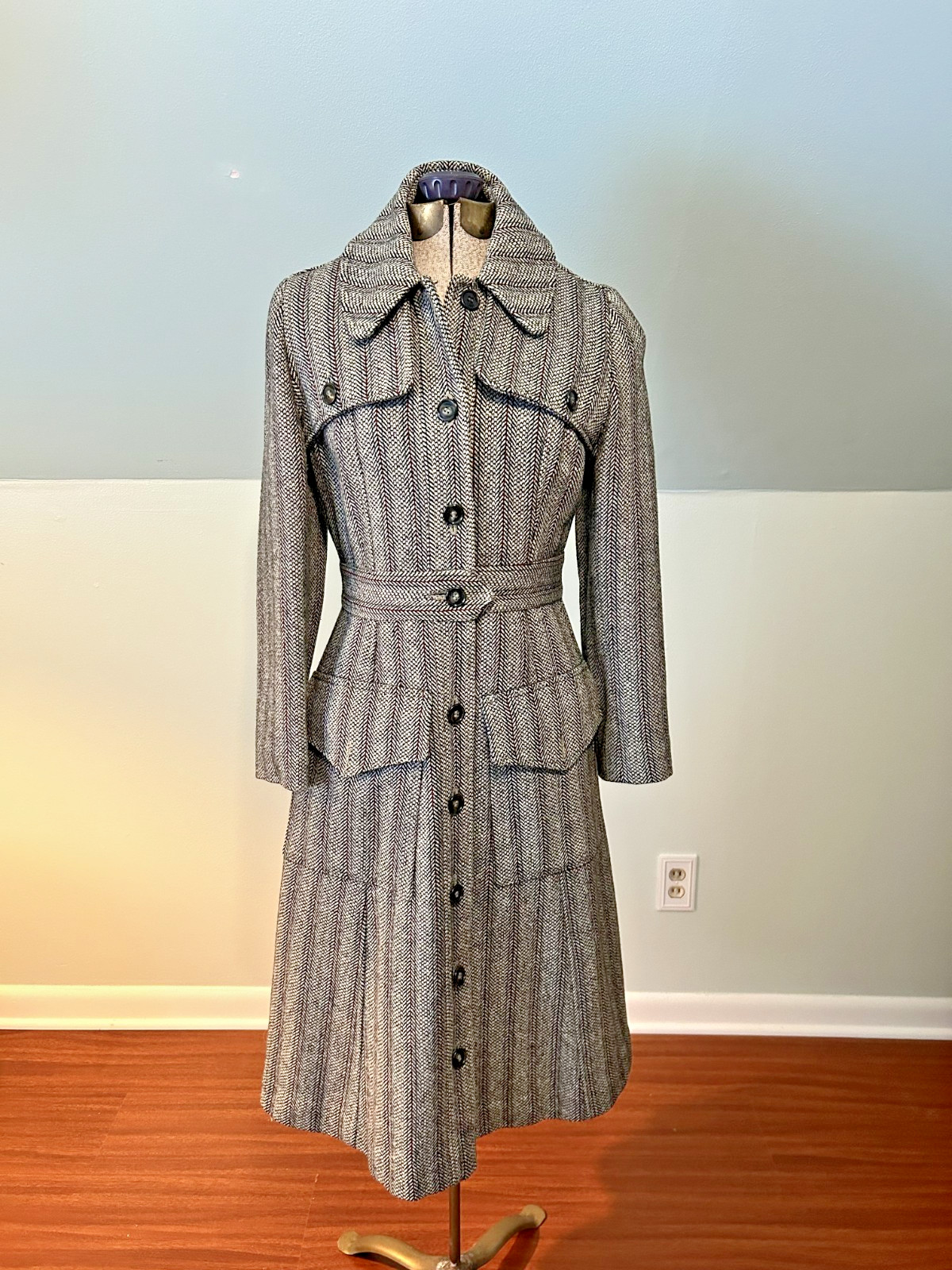 Vintage 1940 Hand-Tailored Herringbone Wool Princess Coat Long Fitted Gorgeous S