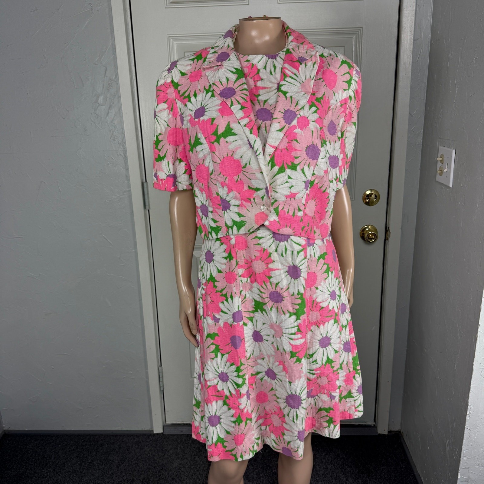 Vintage 70s Handmade Women&rsquo;s Dress Halter Floral 2 piece Set Bright Cotton JJ5