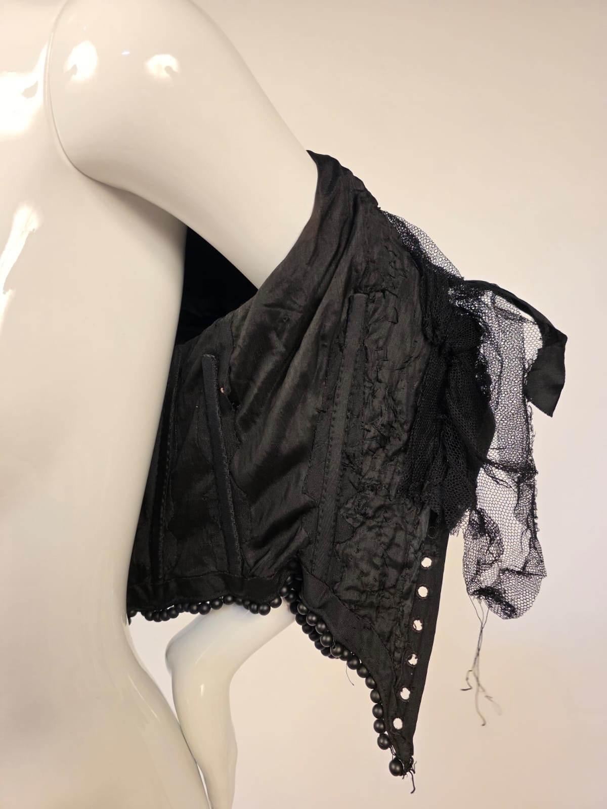 VICTORIAN 1890’S BLACK SILK BODICE W BUBBLE GLASS BEADING + CORSET LACING FRONT
